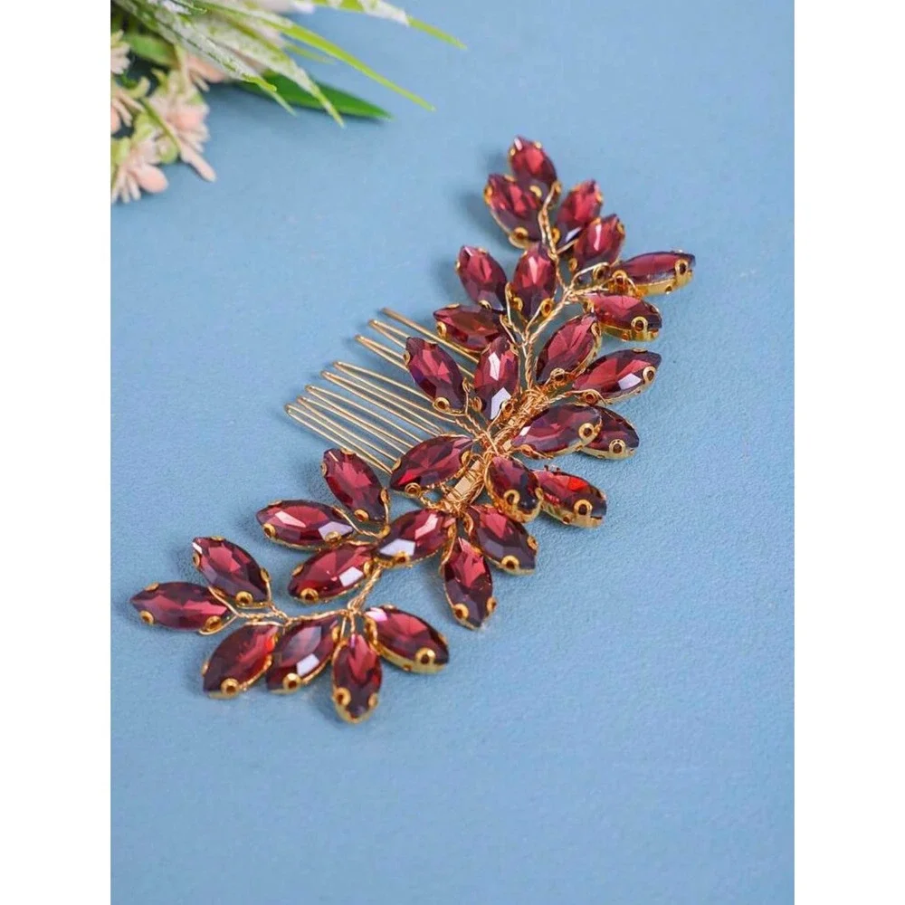 Unbranded Rhinestone Hair Comb Women OS Burgundy Gold Floral Vine Headpiece